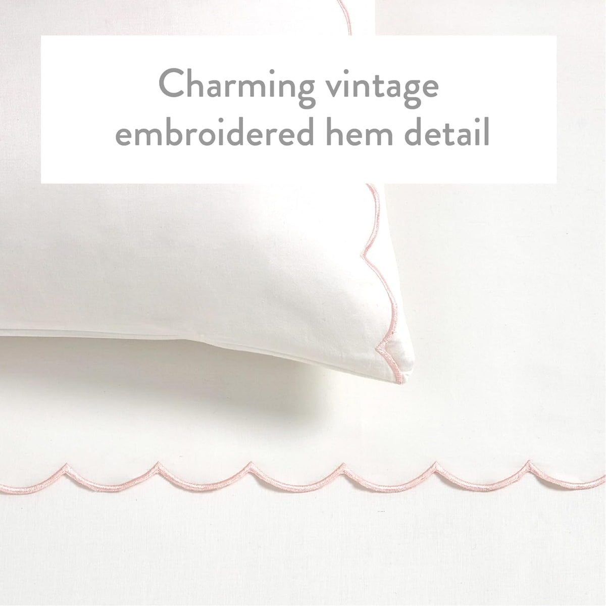 Standard Queen Size Pillow Cases, 2 Pack, Breathable Soft 300 TC 100% Cotton with Embroidered Scalloped Edge, Set of 2 Pillowcases, Standard/Queen, White with Pink Scallop