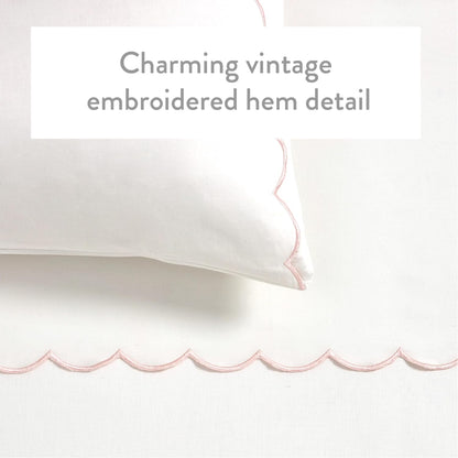 Standard Queen Size Pillow Cases, 2 Pack, Breathable Soft 300 TC 100% Cotton with Embroidered Scalloped Edge, Set of 2 Pillowcases, Standard/Queen, White with Pink Scallop