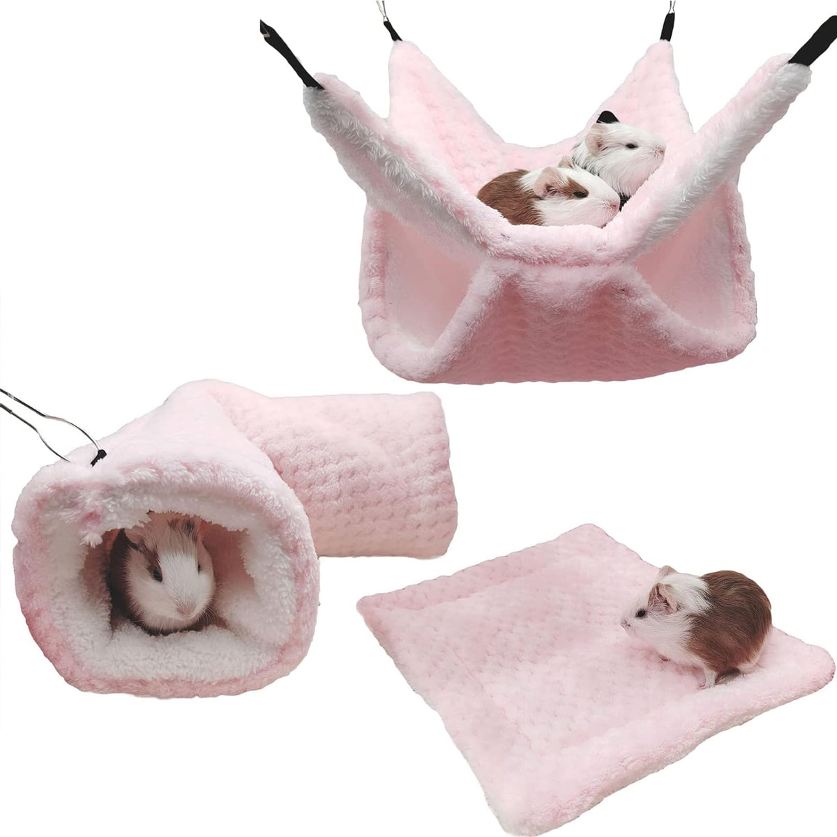 SEIS 3 Pcs Plush Hamster Hammock Set, Sugar Glider Hideout Tunnel Mat, Pink