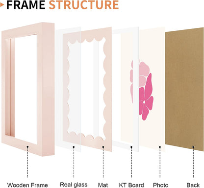 5x7 Picture Frame with Real Glass, Wooden cute 5 x 7 Photo Frame with Wavy Mat for Tabletop and Wall Hanging, Pink, 1 Pack
