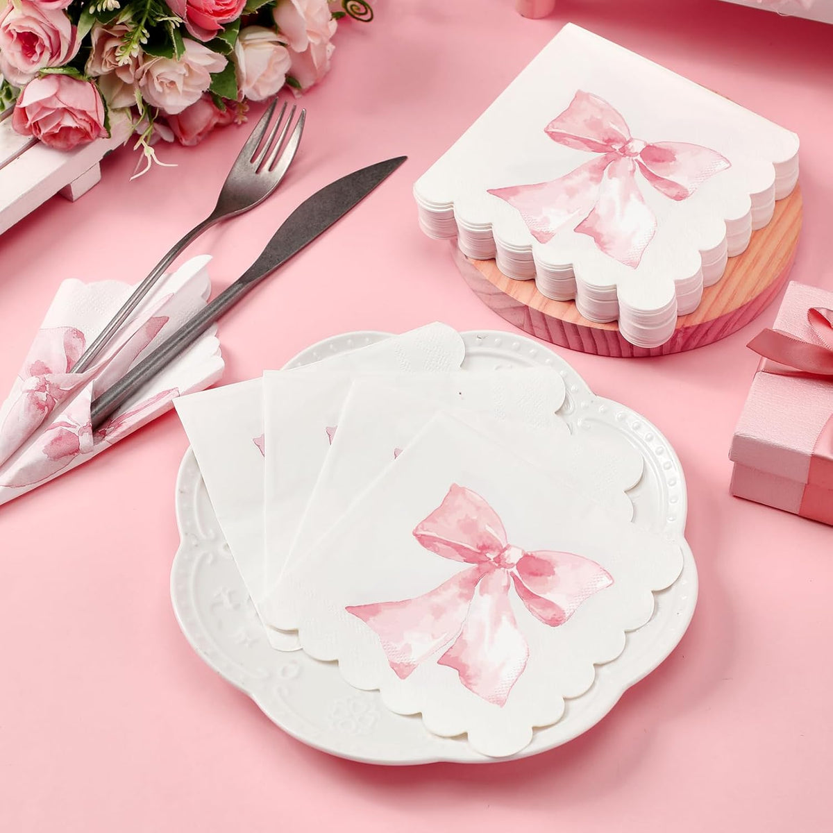 150 Pack Pink Bow Napkins, Coquette Party Supplies for Birthday Baby Shower