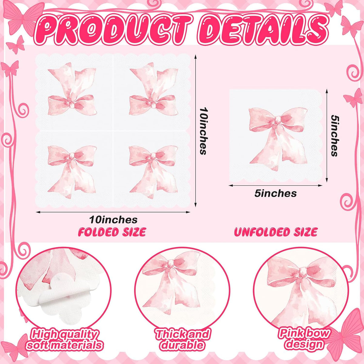 150 Pack Pink Bow Napkins, Coquette Party Supplies for Birthday Baby Shower