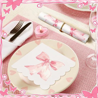 150 Pack Pink Bow Napkins, Coquette Party Supplies for Birthday Baby Shower