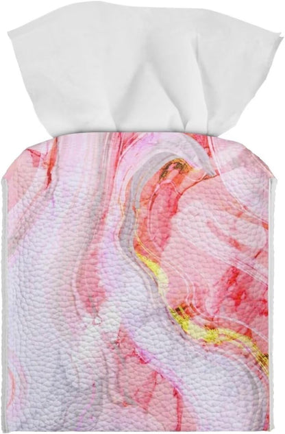 Pink Marble Print Tissue Box Cover PU Square Tissue Box Magic Sticker Custom Tissue Box Cover for Tabletop Bathroom Car Office Decoration 5.1 x 5.1 X 5.5 Inch