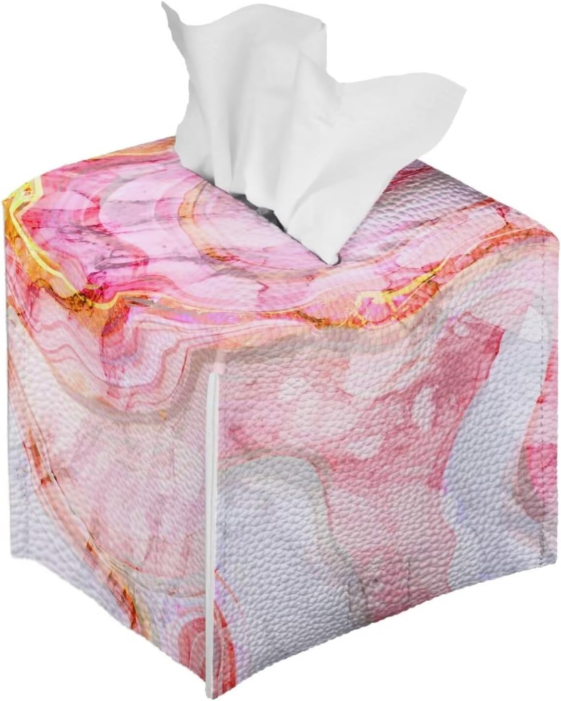 Pink Marble Print Tissue Box Cover PU Square Tissue Box Magic Sticker Custom Tissue Box Cover for Tabletop Bathroom Car Office Decoration 5.1 x 5.1 X 5.5 Inch