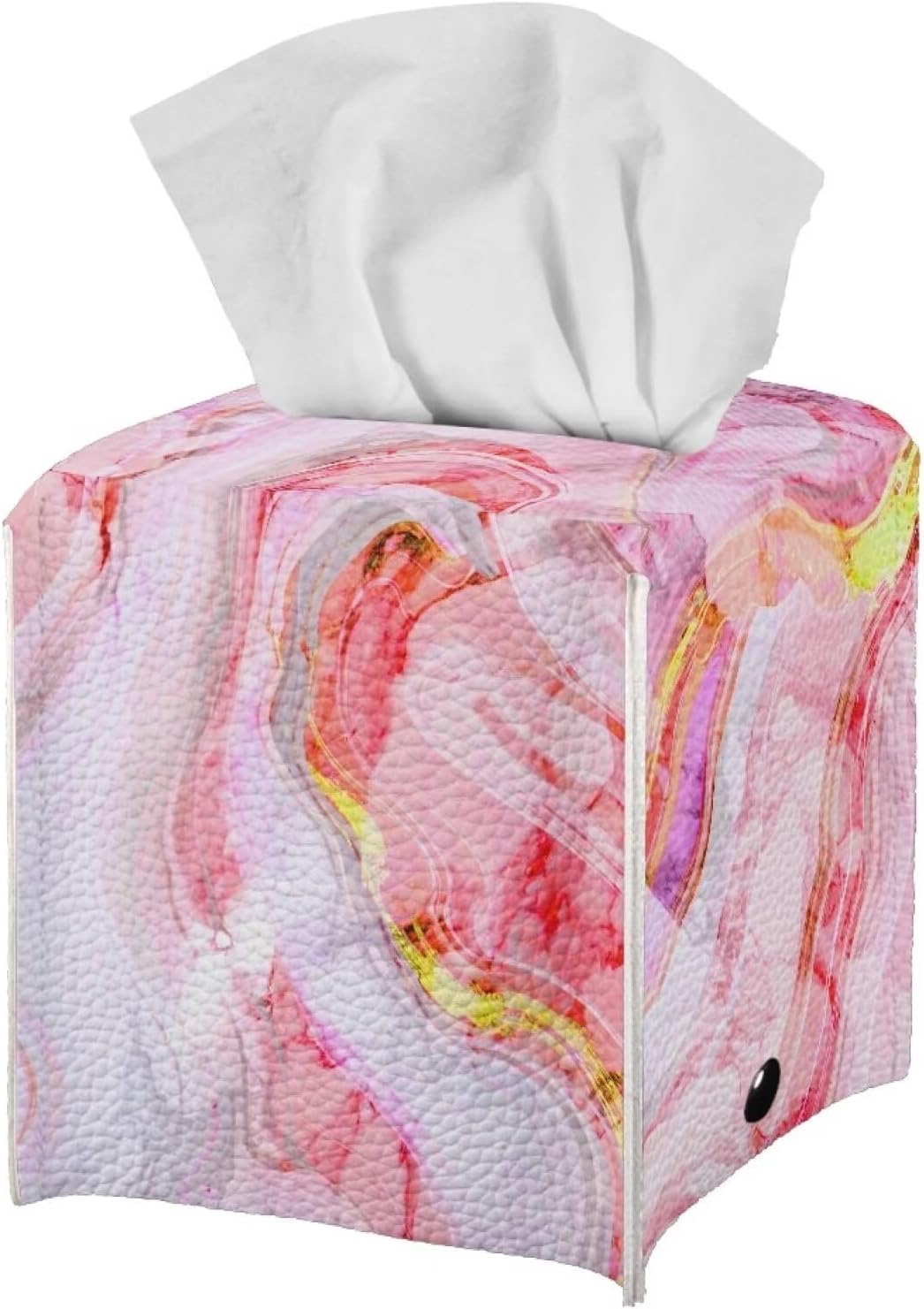 Pink Marble Print Tissue Box Cover PU Square Tissue Box Magic Sticker Custom Tissue Box Cover for Tabletop Bathroom Car Office Decoration 5.1 x 5.1 X 5.5 Inch