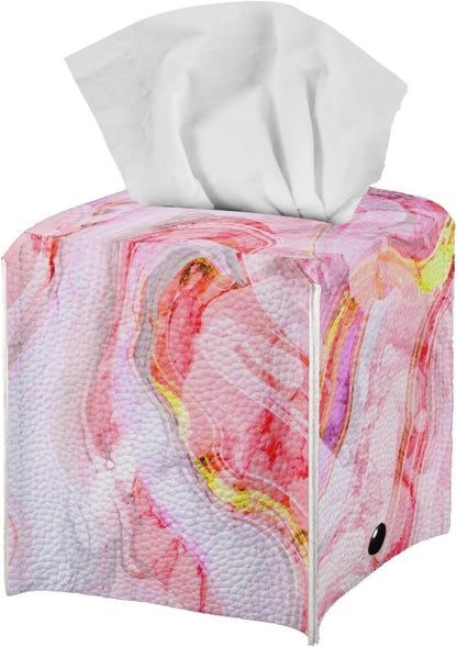 Pink Marble Print Tissue Box Cover PU Square Tissue Box Magic Sticker Custom Tissue Box Cover for Tabletop Bathroom Car Office Decoration 5.1 x 5.1 X 5.5 Inch