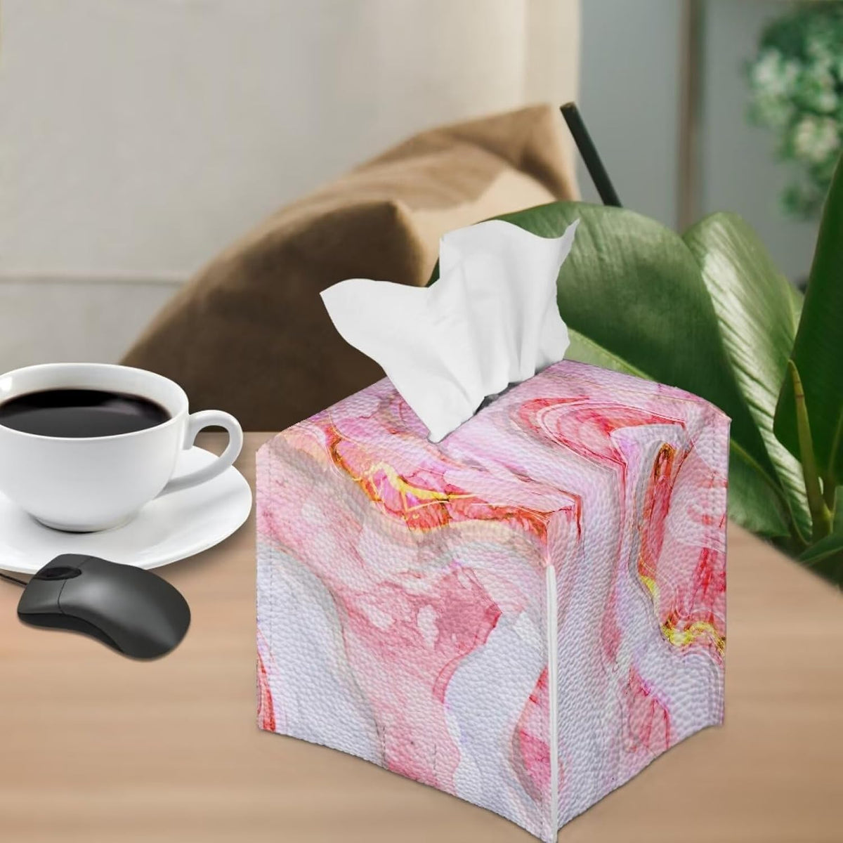 Pink Marble Print Tissue Box Cover PU Square Tissue Box Magic Sticker Custom Tissue Box Cover for Tabletop Bathroom Car Office Decoration 5.1 x 5.1 X 5.5 Inch