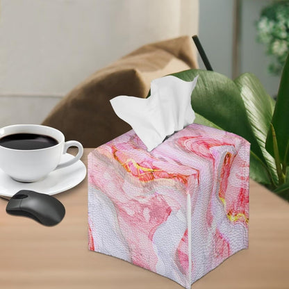 Pink Marble Print Tissue Box Cover PU Square Tissue Box Magic Sticker Custom Tissue Box Cover for Tabletop Bathroom Car Office Decoration 5.1 x 5.1 X 5.5 Inch