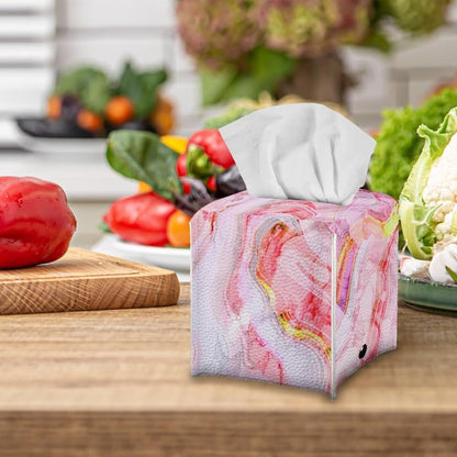 Pink Marble Print Tissue Box Cover PU Square Tissue Box Magic Sticker Custom Tissue Box Cover for Tabletop Bathroom Car Office Decoration 5.1 x 5.1 X 5.5 Inch