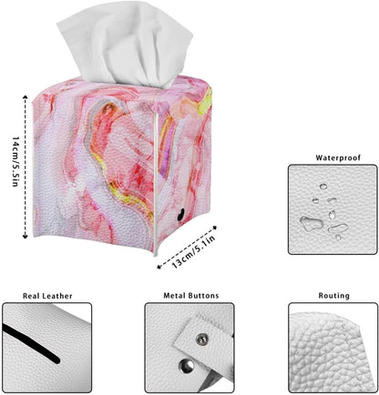 Pink Marble Print Tissue Box Cover PU Square Tissue Box Magic Sticker Custom Tissue Box Cover for Tabletop Bathroom Car Office Decoration 5.1 x 5.1 X 5.5 Inch