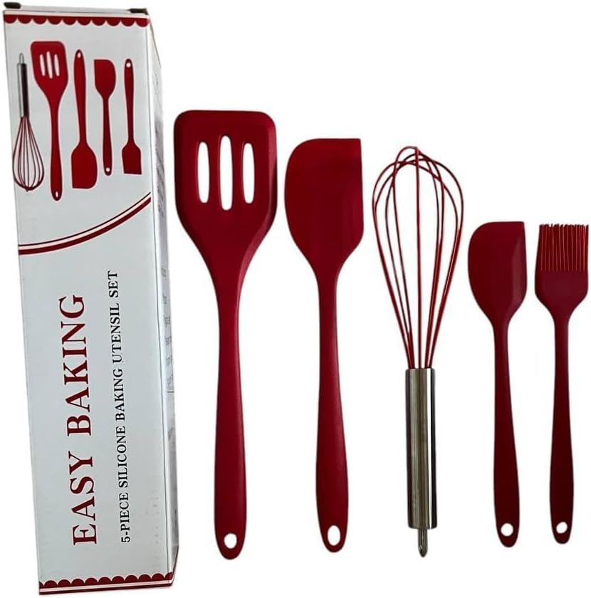 5-Piece Silicone Spatula Set with Egg Whisk & Basting Brush – Heat Resistant, Non-Stick, BPA-Free Kitchen Utensils for Cooking, Baking & Grilling – Dishwasher Safe – (Red, Black, Green, Pink) (Pink)