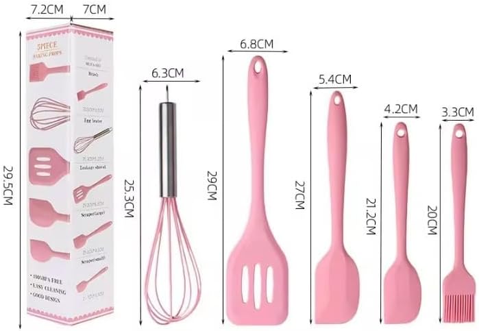 5-Piece Silicone Spatula Set with Egg Whisk & Basting Brush – Heat Resistant, Non-Stick, BPA-Free Kitchen Utensils for Cooking, Baking & Grilling – Dishwasher Safe – (Red, Black, Green, Pink) (Pink)