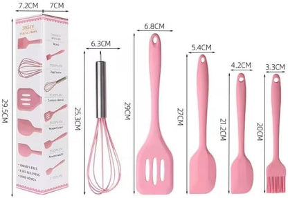 5-Piece Silicone Spatula Set with Egg Whisk & Basting Brush – Heat Resistant, Non-Stick, BPA-Free Kitchen Utensils for Cooking, Baking & Grilling – Dishwasher Safe – (Red, Black, Green, Pink) (Pink)