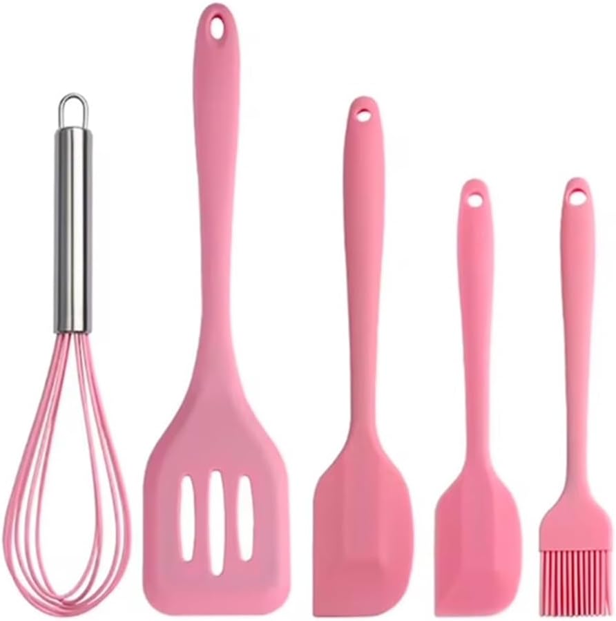 5-Piece Silicone Spatula Set with Egg Whisk & Basting Brush – Heat Resistant, Non-Stick, BPA-Free Kitchen Utensils for Cooking, Baking & Grilling – Dishwasher Safe – (Red, Black, Green, Pink) (Pink)
