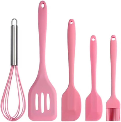 5-Piece Silicone Spatula Set with Egg Whisk & Basting Brush – Heat Resistant, Non-Stick, BPA-Free Kitchen Utensils for Cooking, Baking & Grilling – Dishwasher Safe – (Red, Black, Green, Pink) (Pink)