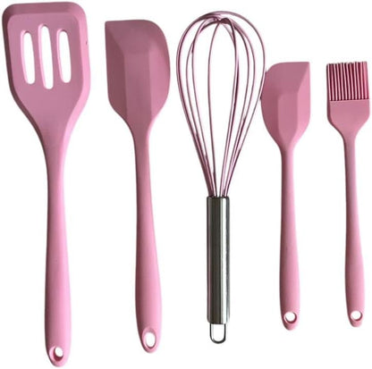 5-Piece Silicone Spatula Set with Egg Whisk & Basting Brush – Heat Resistant, Non-Stick, BPA-Free Kitchen Utensils for Cooking, Baking & Grilling – Dishwasher Safe – (Red, Black, Green, Pink) (Pink)