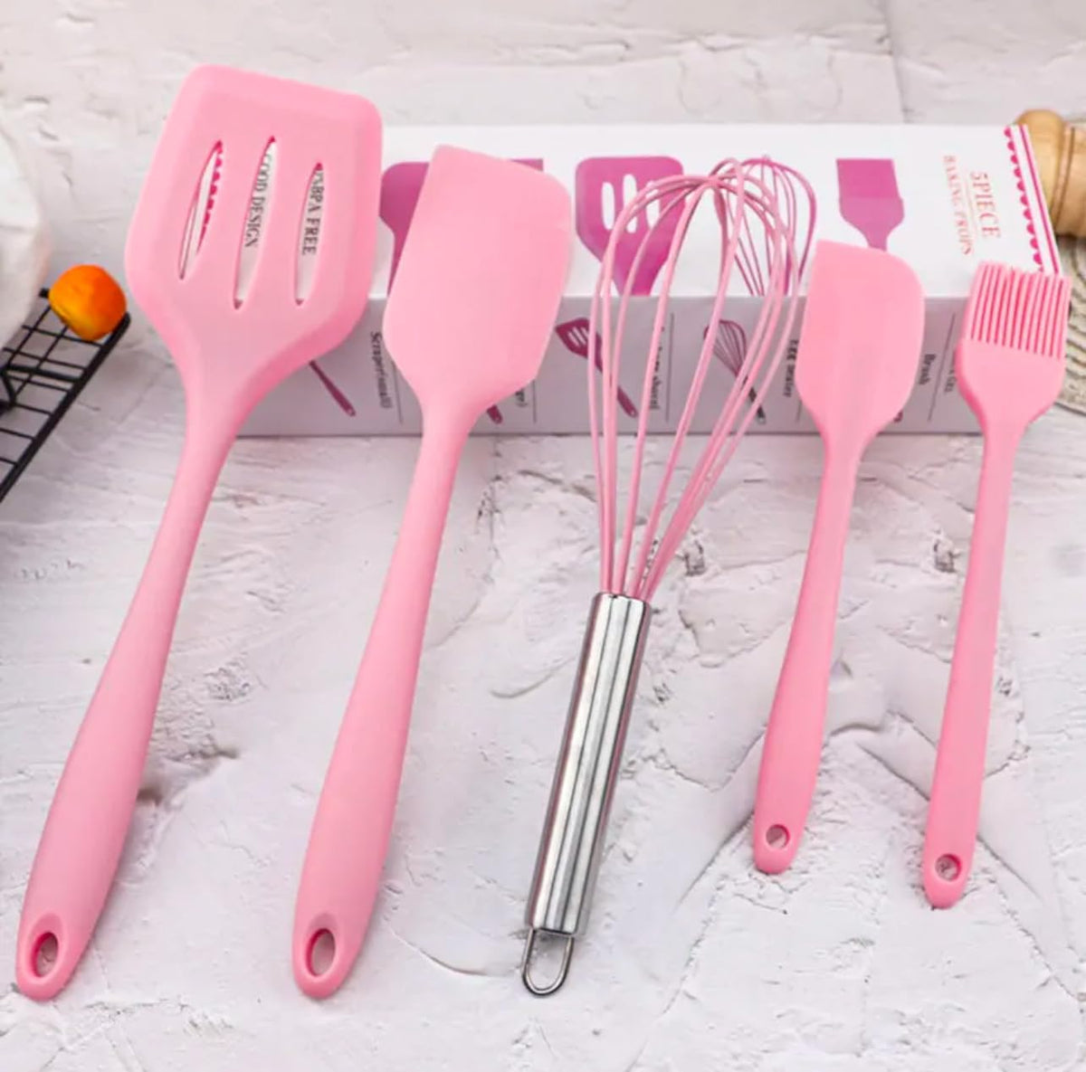 5-Piece Silicone Spatula Set with Egg Whisk & Basting Brush – Heat Resistant, Non-Stick, BPA-Free Kitchen Utensils for Cooking, Baking & Grilling – Dishwasher Safe – (Red, Black, Green, Pink) (Pink)