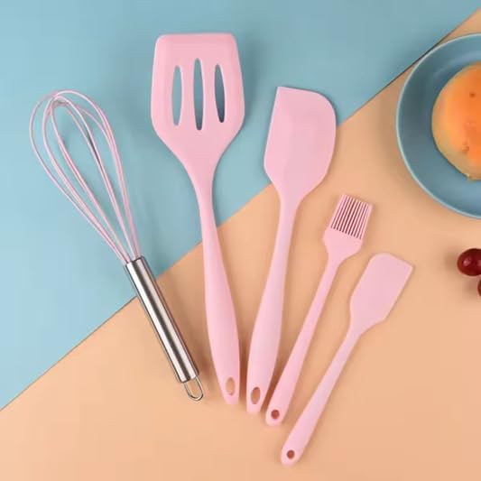 5-Piece Silicone Spatula Set with Egg Whisk & Basting Brush – Heat Resistant, Non-Stick, BPA-Free Kitchen Utensils for Cooking, Baking & Grilling – Dishwasher Safe – (Red, Black, Green, Pink) (Pink)