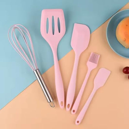 5-Piece Silicone Spatula Set with Egg Whisk & Basting Brush – Heat Resistant, Non-Stick, BPA-Free Kitchen Utensils for Cooking, Baking & Grilling – Dishwasher Safe – (Red, Black, Green, Pink) (Pink)