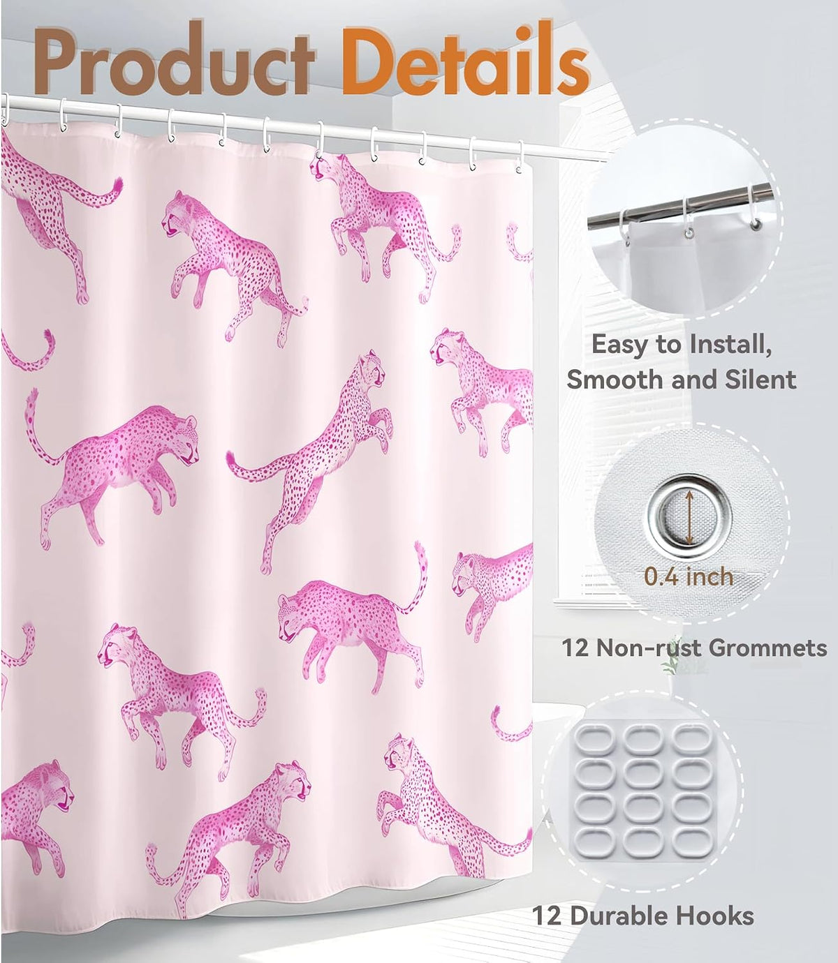 Shower Curtain for Bathroom - Cute Aesthetic Decorative Modern Girly Unique Girls Design Pretty Women Waterproof Fabric Cloth Cortinas de Baño Bathtub 72 x 72 Inch, Pink Leopard