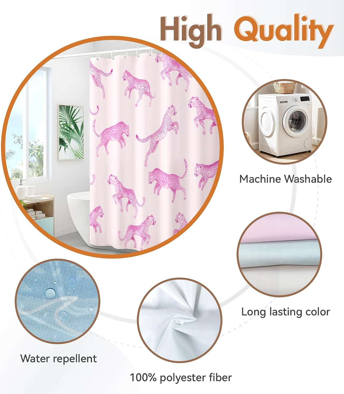 Shower Curtain for Bathroom - Cute Aesthetic Decorative Modern Girly Unique Girls Design Pretty Women Waterproof Fabric Cloth Cortinas de Baño Bathtub 72 x 72 Inch, Pink Leopard