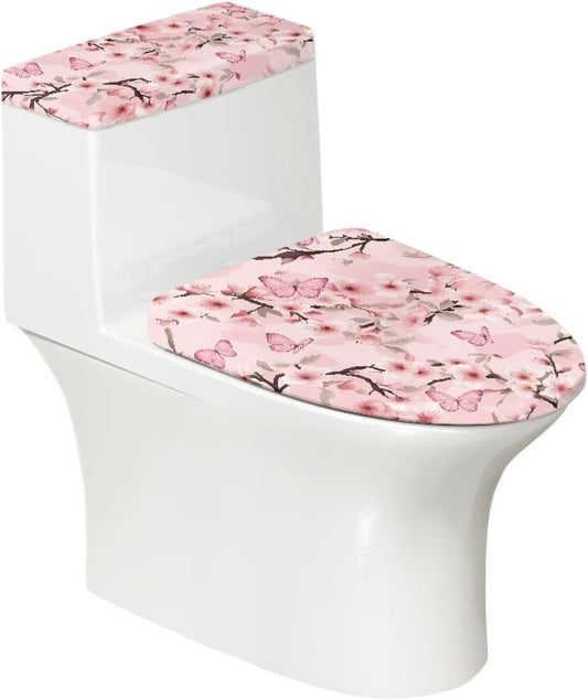 Pink Butterfly Print Toilet Seat Lid Cover Polyester Fabric Toilet Seat Covers for Bathroom Dustproof and Waterproof Toilet Seat Cover Set Universal for Most Toilet Bowl Lids