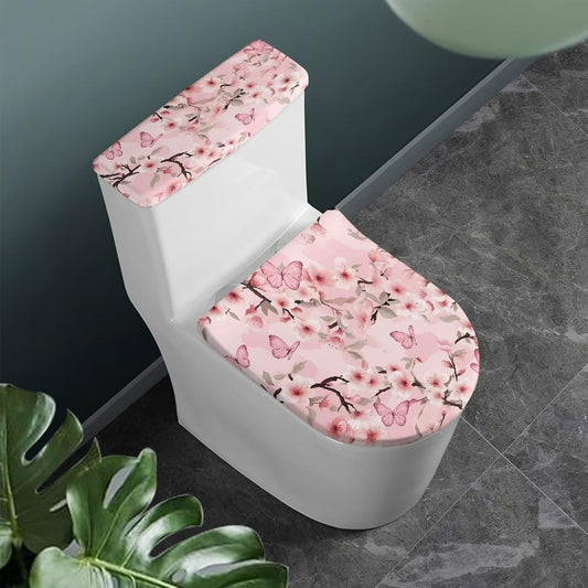 Pink Butterfly Print Toilet Seat Lid Cover Polyester Fabric Toilet Seat Covers for Bathroom Dustproof and Waterproof Toilet Seat Cover Set Universal for Most Toilet Bowl Lids