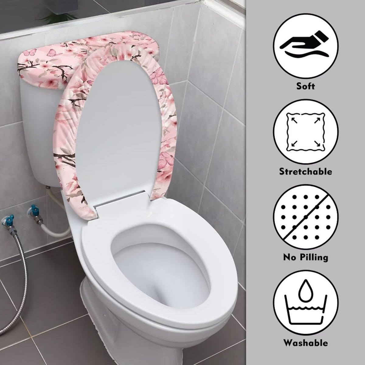 Pink Butterfly Print Toilet Seat Lid Cover Polyester Fabric Toilet Seat Covers for Bathroom Dustproof and Waterproof Toilet Seat Cover Set Universal for Most Toilet Bowl Lids