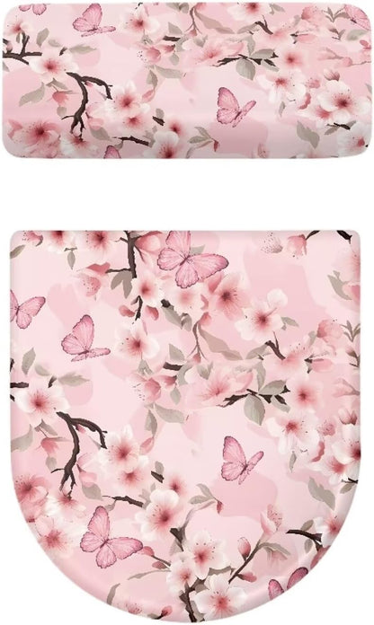 Pink Butterfly Print Toilet Seat Lid Cover Polyester Fabric Toilet Seat Covers for Bathroom Dustproof and Waterproof Toilet Seat Cover Set Universal for Most Toilet Bowl Lids