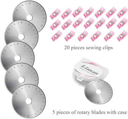 Rotary Cutter Set - 45mm Fabric Cutter, 5 Replacement Rotary Blades, A3 Cutting Mat, Quilting Ruler and Sewing Clips, Craft Knife Set, Ideal for Crafting, Sewing, Patchworking, Pink