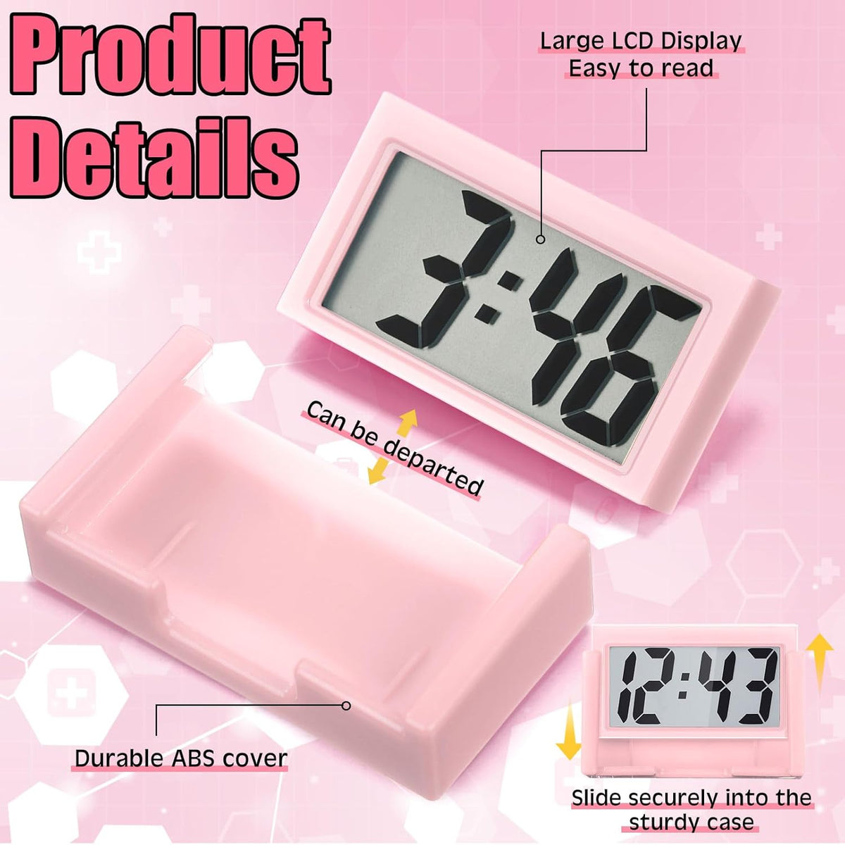 3 Pieces Mini Small Digital Clock Stick On,Pink