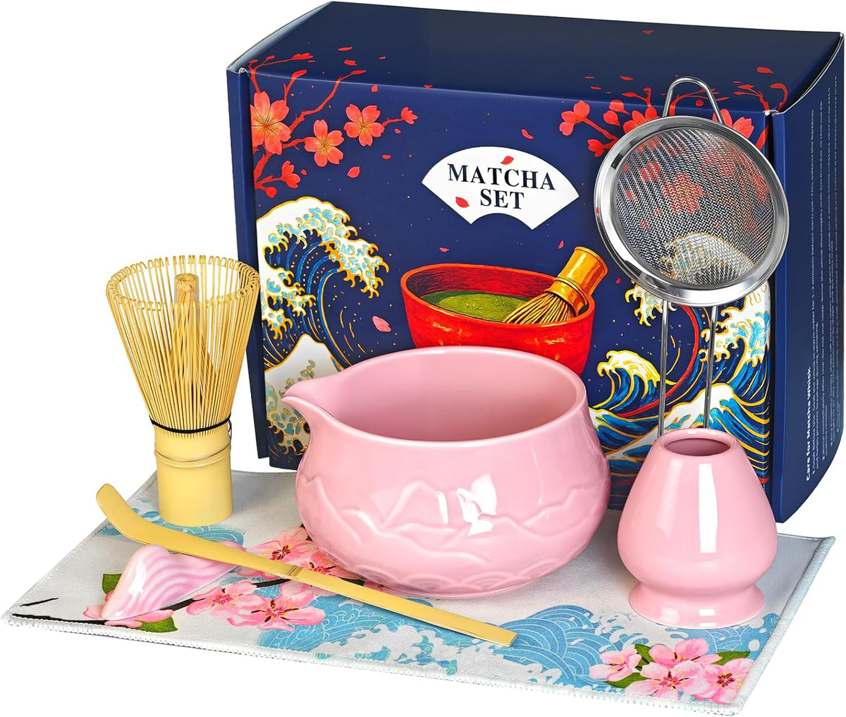 8 Pcs Matcha Whisk Set with Ceramic Bowl, Scoop Rest, Sifter, Tea Mat, Greeting Card, Whisk Holder, Bamboo Whisk and Scoop, Perfect Present for Friend Family Matcha Tea Lovers, Ceremony Kit