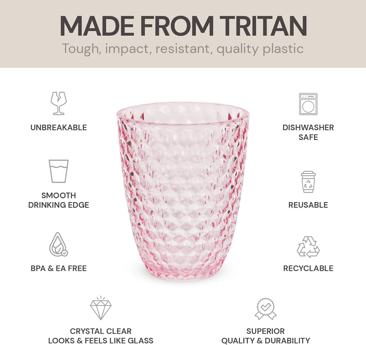 Shatterproof Tritan Plastic Short Tumbler, Set of 4, 12 oz - Laguna Beach Drinking Glasses - Unbreakable Glasses for Indoor and Outdoor Use - BPA Free - Pink