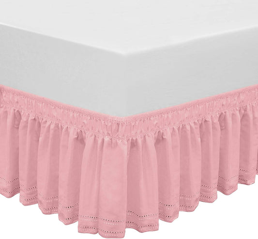 Wrap Around Elastic Eyelet Bed Skirt Dust Ruffle (Pink, Embroidery-Queen/King-14 1/2 Inch Drop)