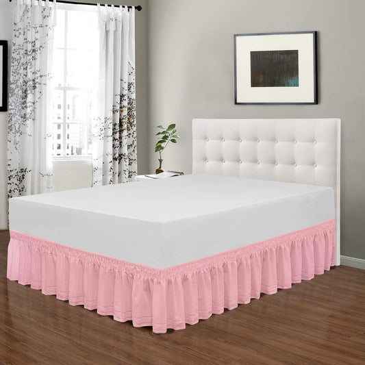 Wrap Around Elastic Eyelet Bed Skirt Dust Ruffle (Pink, Embroidery-Queen/King-14 1/2 Inch Drop)