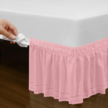 Wrap Around Elastic Eyelet Bed Skirt Dust Ruffle (Pink, Embroidery-Queen/King-14 1/2 Inch Drop)