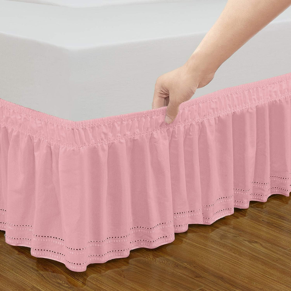 Wrap Around Elastic Eyelet Bed Skirt Dust Ruffle (Pink, Embroidery-Queen/King-14 1/2 Inch Drop)
