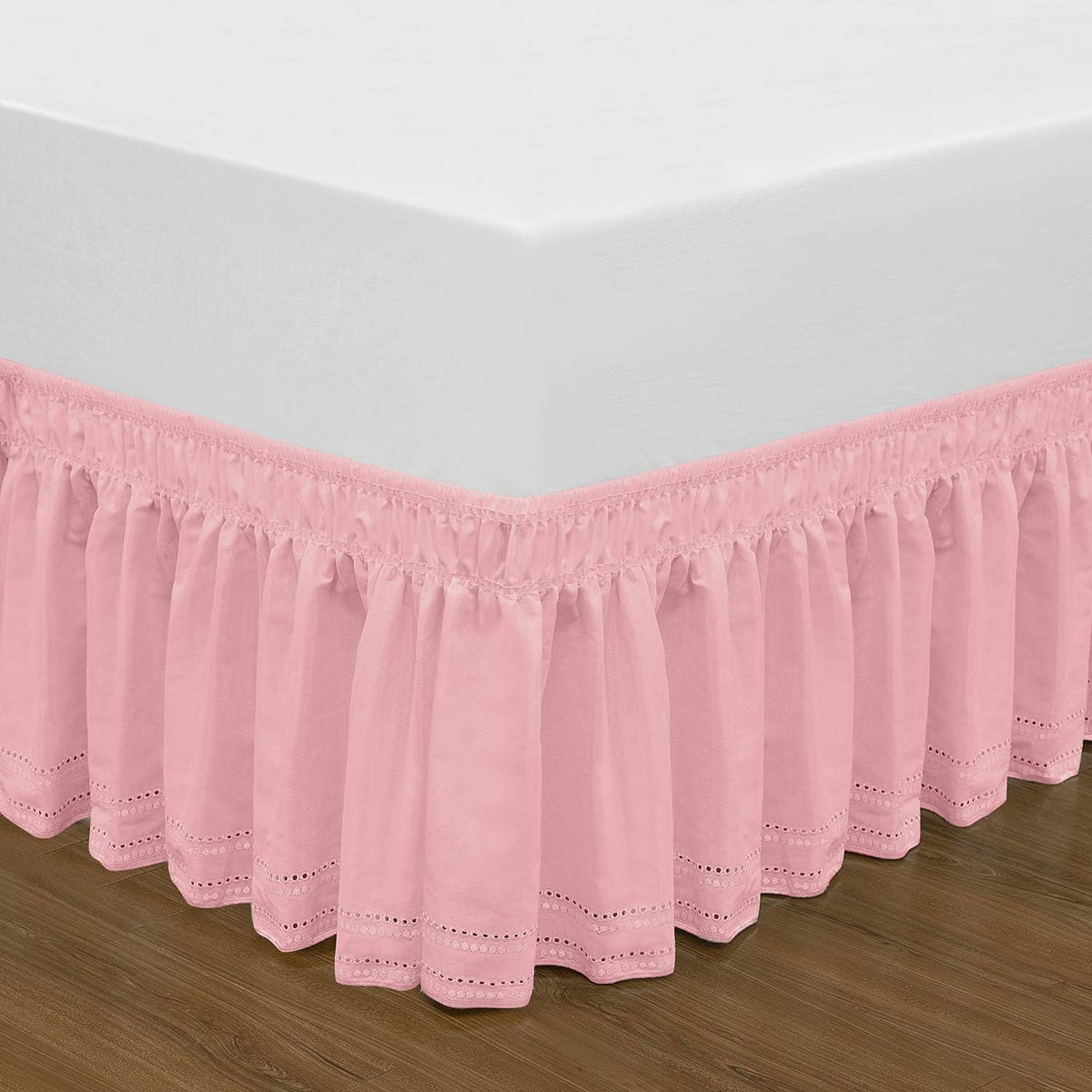 Wrap Around Elastic Eyelet Bed Skirt Dust Ruffle (Pink, Embroidery-Queen/King-14 1/2 Inch Drop)