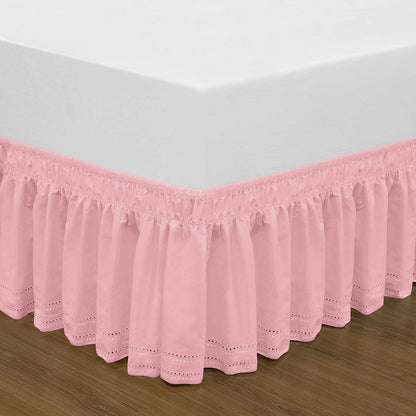 Wrap Around Elastic Eyelet Bed Skirt Dust Ruffle (Pink, Embroidery-Queen/King-14 1/2 Inch Drop)
