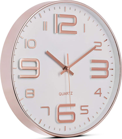 Rose Gold Wall Clock 12 Inch Silent Non-Ticking Quality Quartz Battery Operated Easy to Read Decorative Modern Design for Home/Office/Kitchen/Bedroom/Living Room (Rose Gold & White)