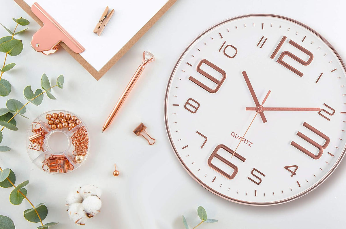 Rose Gold Wall Clock 12 Inch Silent Non-Ticking Quality Quartz Battery Operated Easy to Read Decorative Modern Design for Home/Office/Kitchen/Bedroom/Living Room (Rose Gold & White)