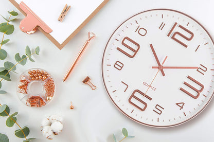 Rose Gold Wall Clock 12 Inch Silent Non-Ticking Quality Quartz Battery Operated Easy to Read Decorative Modern Design for Home/Office/Kitchen/Bedroom/Living Room (Rose Gold & White)