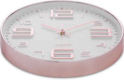 Rose Gold Wall Clock 12 Inch Silent Non-Ticking Quality Quartz Battery Operated Easy to Read Decorative Modern Design for Home/Office/Kitchen/Bedroom/Living Room (Rose Gold & White)