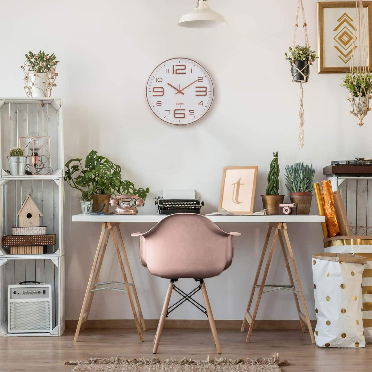 Rose Gold Wall Clock 12 Inch Silent Non-Ticking Quality Quartz Battery Operated Easy to Read Decorative Modern Design for Home/Office/Kitchen/Bedroom/Living Room (Rose Gold & White)