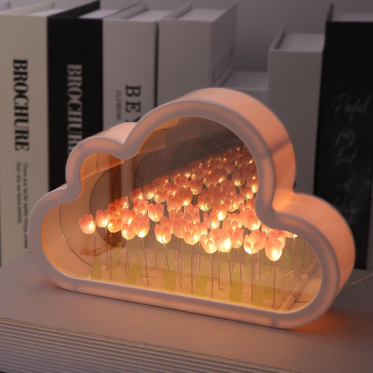 Unique Tulip Lamp Cloud Night Light, Fully Assembled Infinity Flowers Mirror, USB Powered Home Decoration Table Lamp, Aesthetic Room Decor Gifts for Teen Girls Kids (Pink)