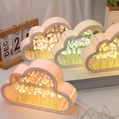 Unique Tulip Lamp Cloud Night Light, Fully Assembled Infinity Flowers Mirror, USB Powered Home Decoration Table Lamp, Aesthetic Room Decor Gifts for Teen Girls Kids (Pink)