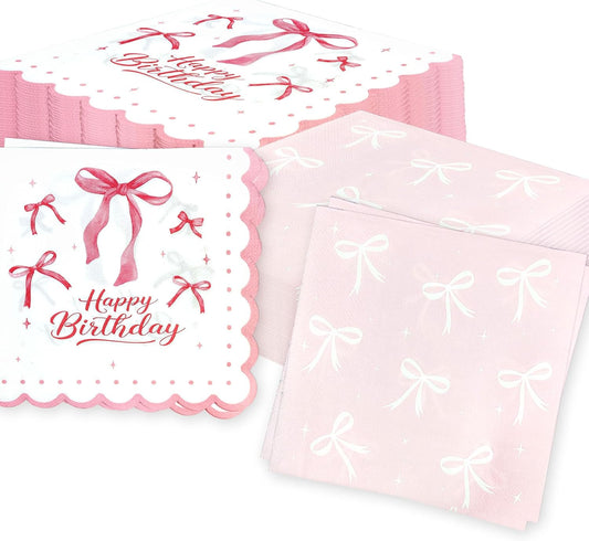 40 PCS Pink Bow Birthday Napkins,Coquette Birthday Decorations for Coquette Bows Party Favors Supplies Bridal Shower Baby Shower Wedding Party