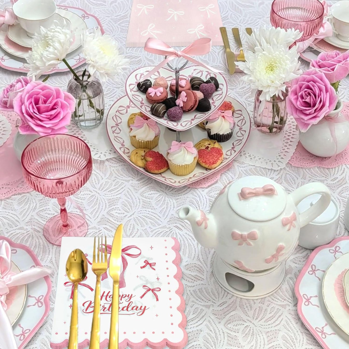40 PCS Pink Bow Birthday Napkins,Coquette Birthday Decorations for Coquette Bows Party Favors Supplies Bridal Shower Baby Shower Wedding Party