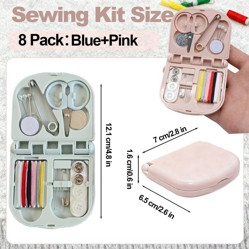 8 Pack Mini Travel Sewing Kit for Adult & Kid | Portable Sewing Box Kit Bulk | Small Emergency Repair Set with Thread Scissors Needle for Travel, Beginner DIY Handcraft | Pink + Blue
